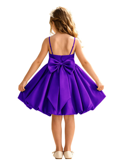 Sage Green Spaghetti Strap Flower Girl Dress, Heavy Satin Bubble Midi Skirt with Big Bow Back, Kids Formal Wedding Party Gown