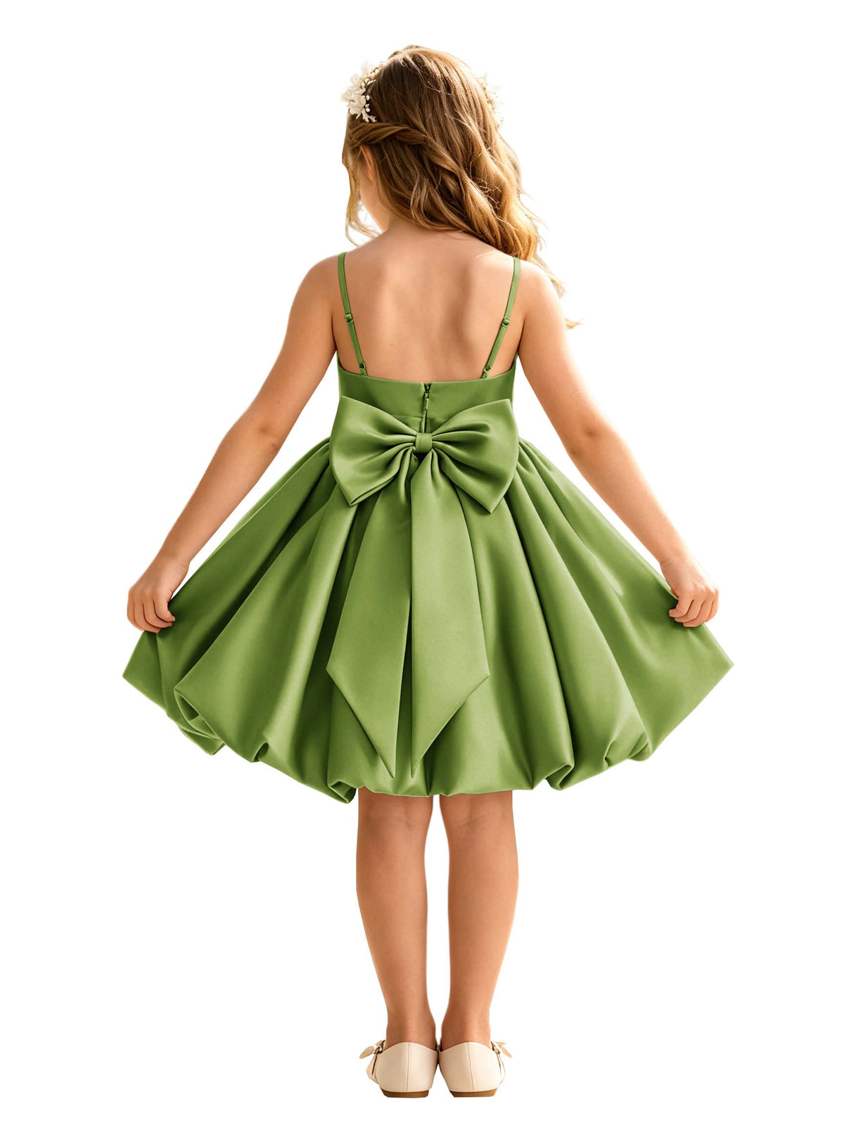 Sage Green Spaghetti Strap Flower Girl Dress, Heavy Satin Bubble Midi Skirt with Big Bow Back, Kids Formal Wedding Party Gown
