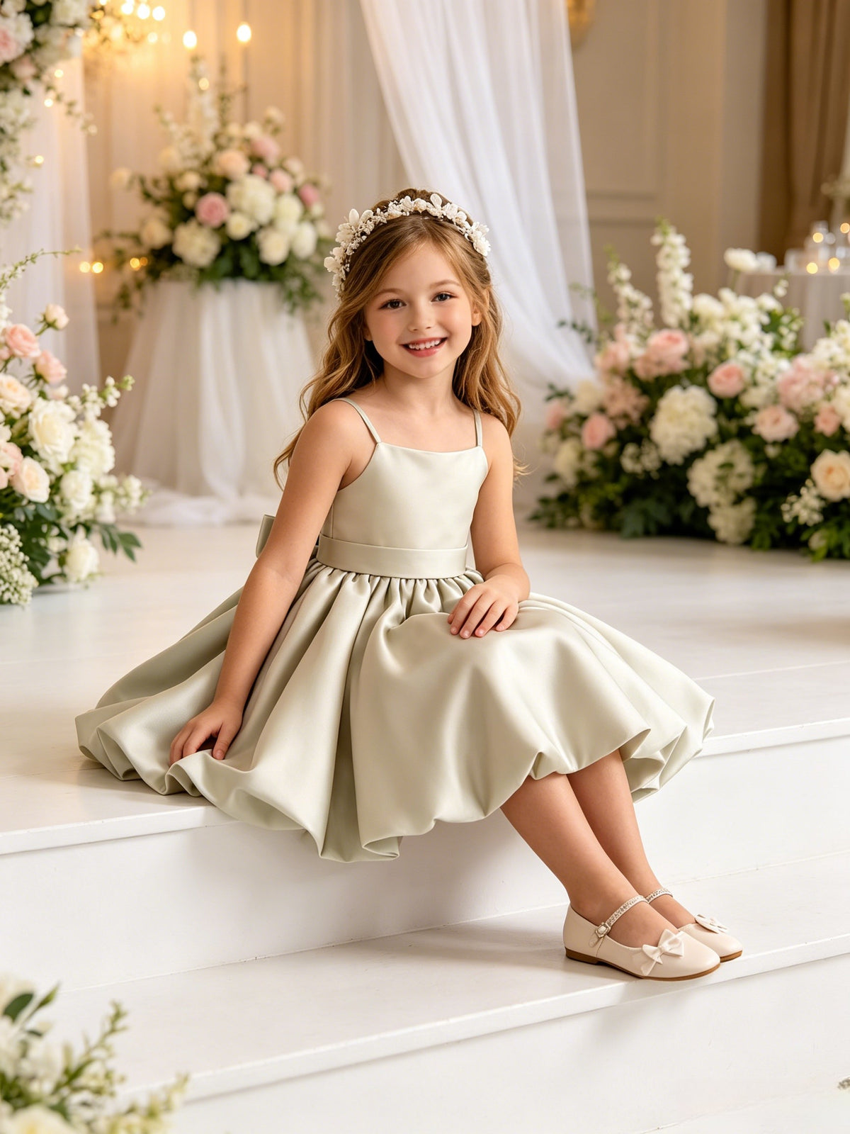 Sage Green Spaghetti Strap Flower Girl Dress, Heavy Satin Bubble Midi Skirt with Big Bow Back, Kids Formal Wedding Party Gown