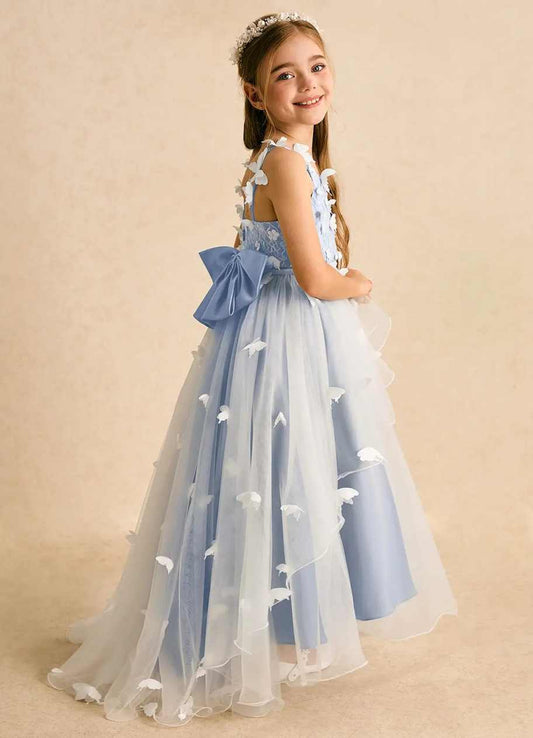 Girl Lace Embroidery Spaghetti Straps Tulle Train Princess Dress, 3D White Butterfly Flower Girl Gown for Wedding Birthday Pageant