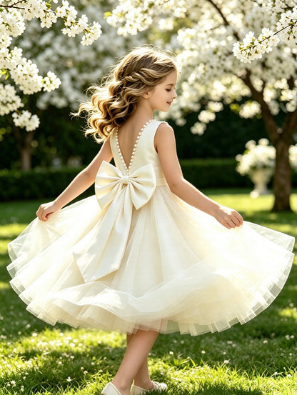 The bodice is crafted from fine matte satin, and the skirt is made of multiple layers of soft tulle. It features great draping, light and full without being bulky.