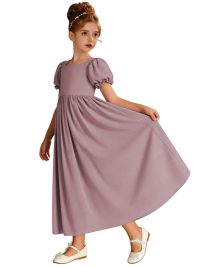 Dusty Blue Chiffon Flower Girl Dress, Square Neck Puff Short Sleeve Midi Princess Gown, Empire Waist Formal Wedding Birthday Dress for Little Girls