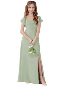 Dusty Blue Chiffon Junior Bridesmaid Dress, Square Neck Flutter Sleeve Maxi Flower Girl Gown with Side Slit, Formal Wedding Party Dress for Teen Girls