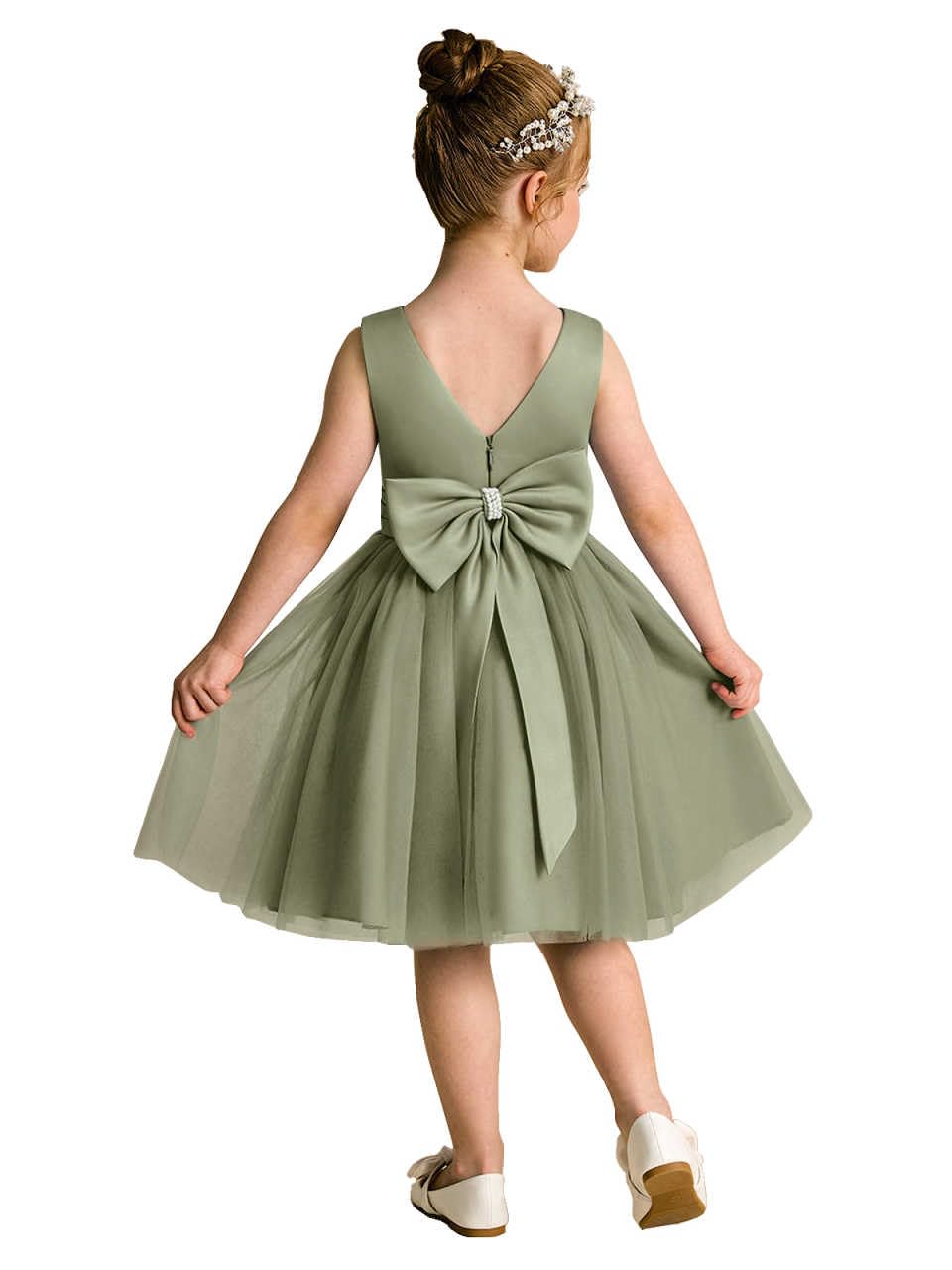 Champagne Flower Girl Dress, Sleeveless V-Neck Satin Bodice Tulle Tutu Gown with Wide Satin Waistband, Short Formal Wedding Party Princess Dress for Little Girls