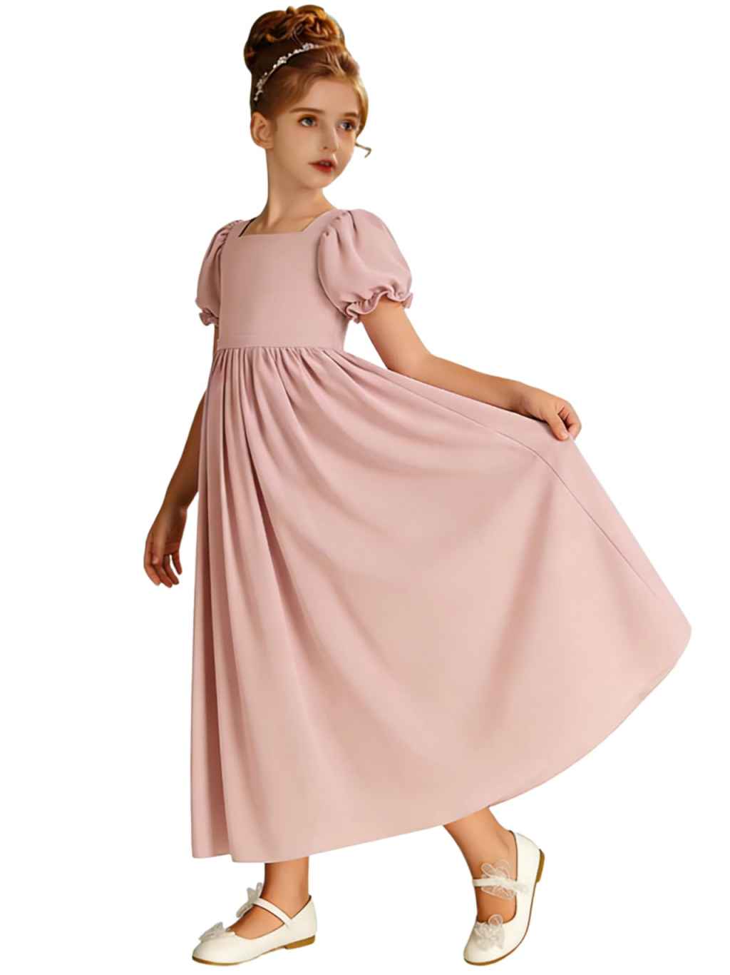 Dusty Blue Chiffon Flower Girl Dress, Square Neck Puff Short Sleeve Midi Princess Gown, Empire Waist Formal Wedding Birthday Dress for Little Girls