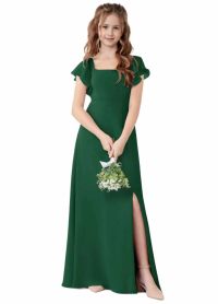 Dusty Blue Chiffon Junior Bridesmaid Dress, Square Neck Flutter Sleeve Maxi Flower Girl Gown with Side Slit, Formal Wedding Party Dress for Teen Girls