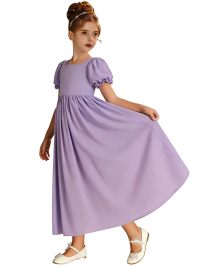 Dusty Blue Chiffon Flower Girl Dress, Square Neck Puff Short Sleeve Midi Princess Gown, Empire Waist Formal Wedding Birthday Dress for Little Girls
