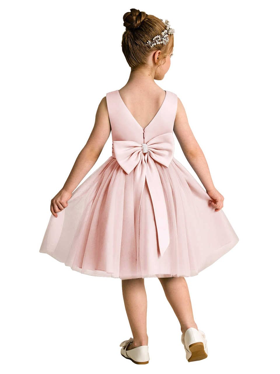 Champagne Flower Girl Dress, Sleeveless V-Neck Satin Bodice Tulle Tutu Gown with Wide Satin Waistband, Short Formal Wedding Party Princess Dress for Little Girls