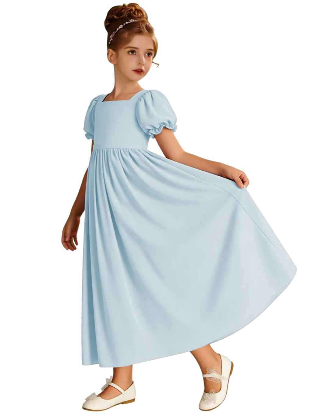 Dusty Blue Chiffon Flower Girl Dress, Square Neck Puff Short Sleeve Midi Princess Gown, Empire Waist Formal Wedding Birthday Dress for Little Girls