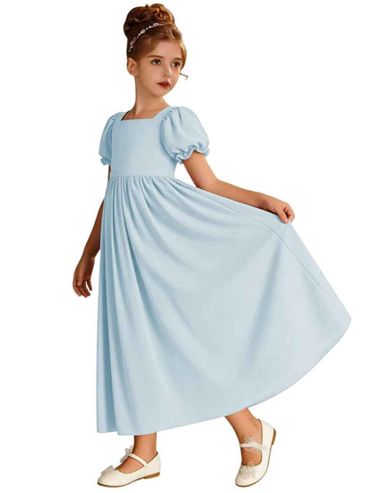 Dusty Blue Chiffon Flower Girl Dress, Square Neck Puff Short Sleeve Midi Princess Gown, Empire Waist Formal Wedding Birthday Dress for Little Girls