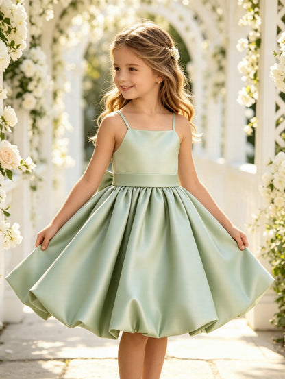Sage Green Spaghetti Strap Flower Girl Dress, Heavy Satin Bubble Midi Skirt with Big Bow Back, Kids Formal Wedding Party Gown