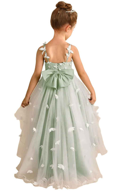 Girl Lace Embroidery Spaghetti Straps Tulle Train Princess Dress, 3D White Butterfly Flower Girl Gown for Wedding Birthday Pageant