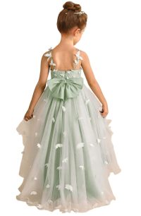 Girl Lace Embroidery Spaghetti Straps Tulle Train Princess Dress, 3D White Butterfly Flower Girl Gown for Wedding Birthday Pageant
