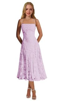 Spaghetti straps lace flower girl dress with square neckline. Ruched bodice, A-line midi lace