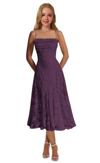 Spaghetti straps lace flower girl dress with square neckline. Ruched bodice, A-line midi lace