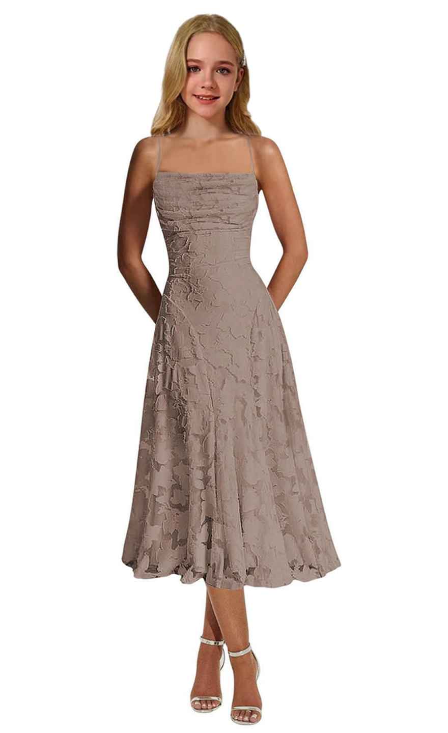 Spaghetti straps lace flower girl dress with square neckline. Ruched bodice, A-line midi lace
