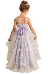 Girl Lace Embroidery Spaghetti Straps Tulle Train Princess Dress, 3D White Butterfly Flower Girl Gown for Wedding Birthday Pageant