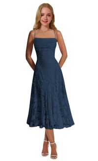 Spaghetti straps lace flower girl dress with square neckline. Ruched bodice, A-line midi lace