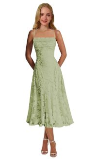 Spaghetti straps lace flower girl dress with square neckline. Ruched bodice, A-line midi lace