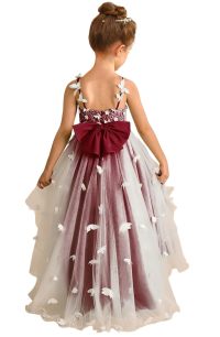 Girl Lace Embroidery Spaghetti Straps Tulle Train Princess Dress, 3D White Butterfly Flower Girl Gown for Wedding Birthday Pageant