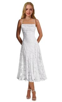 Spaghetti straps lace flower girl dress with square neckline. Ruched bodice, A-line midi lace