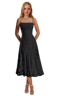 Spaghetti straps lace flower girl dress with square neckline. Ruched bodice, A-line midi lace