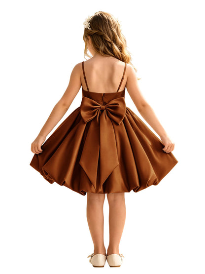 Sage Green Spaghetti Strap Flower Girl Dress, Heavy Satin Bubble Midi Skirt with Big Bow Back, Kids Formal Wedding Party Gown