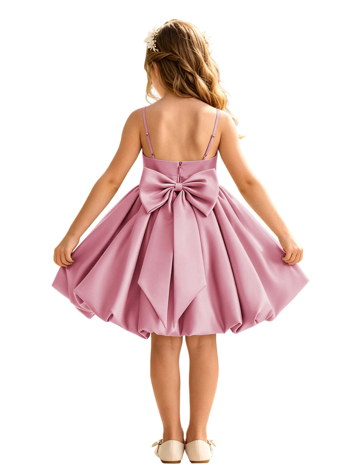 Sage Green Spaghetti Strap Flower Girl Dress, Heavy Satin Bubble Midi Skirt with Big Bow Back, Kids Formal Wedding Party Gown