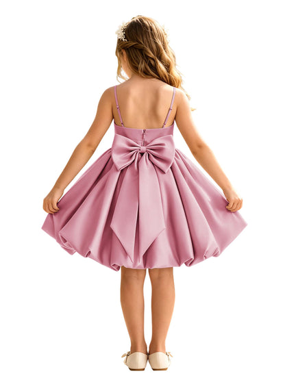 Sage Green Spaghetti Strap Flower Girl Dress, Heavy Satin Bubble Midi Skirt with Big Bow Back, Kids Formal Wedding Party Gown
