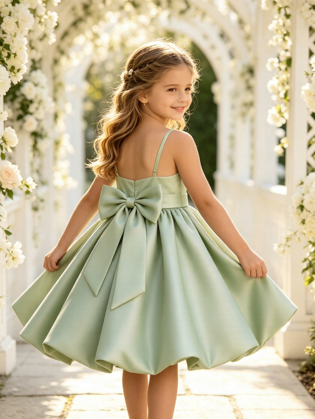 Sage Green Spaghetti Strap Flower Girl Dress, Heavy Satin Bubble Midi Skirt with Big Bow Back, Kids Formal Wedding Party Gown