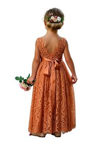 Sleeveless lace flower girl dress with round neckline.