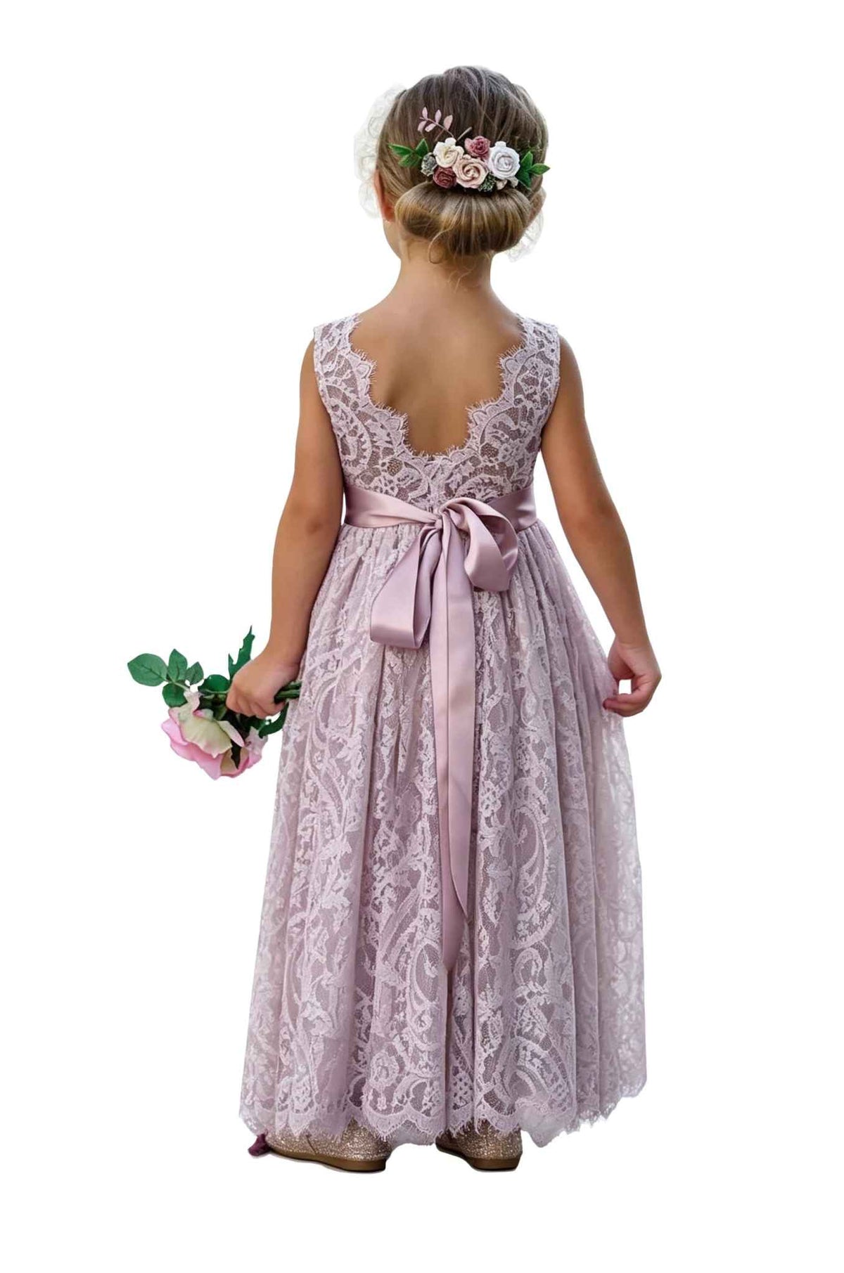 Sleeveless lace flower girl dress with round neckline.