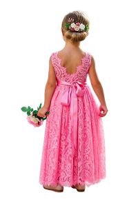 Sleeveless lace flower girl dress with round neckline.