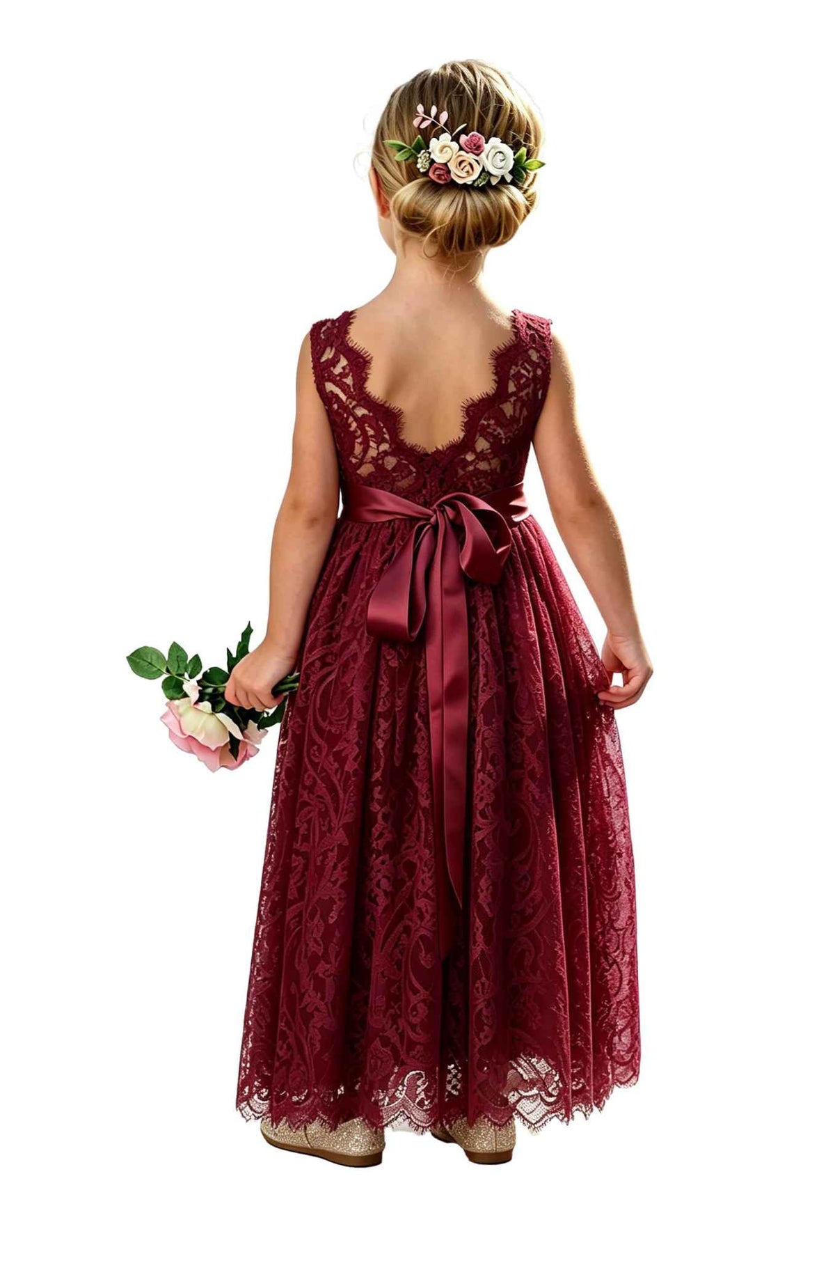 Sleeveless lace flower girl dress with round neckline.