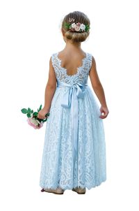 Sleeveless lace flower girl dress with round neckline.