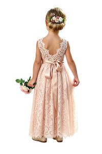 Sleeveless lace flower girl dress with round neckline.