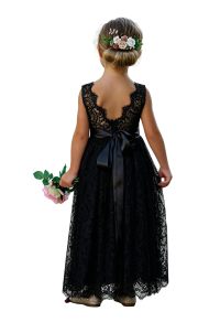 Sleeveless lace flower girl dress with round neckline.