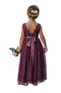 Sleeveless lace flower girl dress with round neckline.