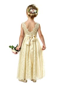 Sleeveless lace flower girl dress with round neckline.
