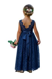 Sleeveless lace flower girl dress with round neckline.
