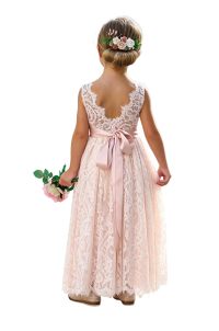 Sleeveless lace flower girl dress with round neckline.