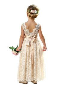 Sleeveless lace flower girl dress with round neckline.