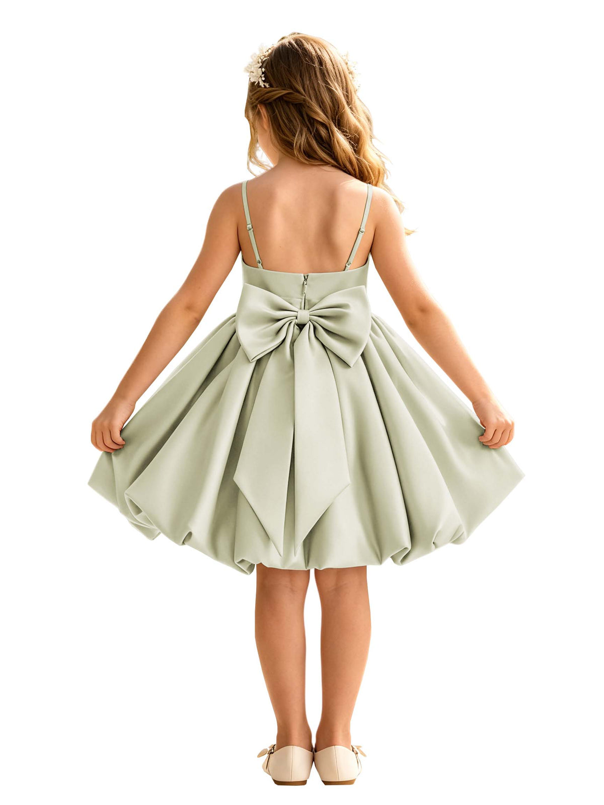 Sage Green Spaghetti Strap Flower Girl Dress, Heavy Satin Bubble Midi Skirt with Big Bow Back, Kids Formal Wedding Party Gown