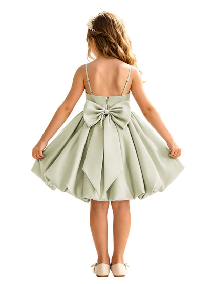 Sage Green Spaghetti Strap Flower Girl Dress, Heavy Satin Bubble Midi Skirt with Big Bow Back, Kids Formal Wedding Party Gown