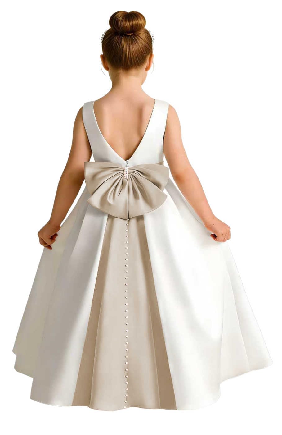 Sleeveless Satin Flower Girl Dress, A-Line Floor Length Gown with Big Bow & Pearl Back, Kids Wedding First Communion Dress