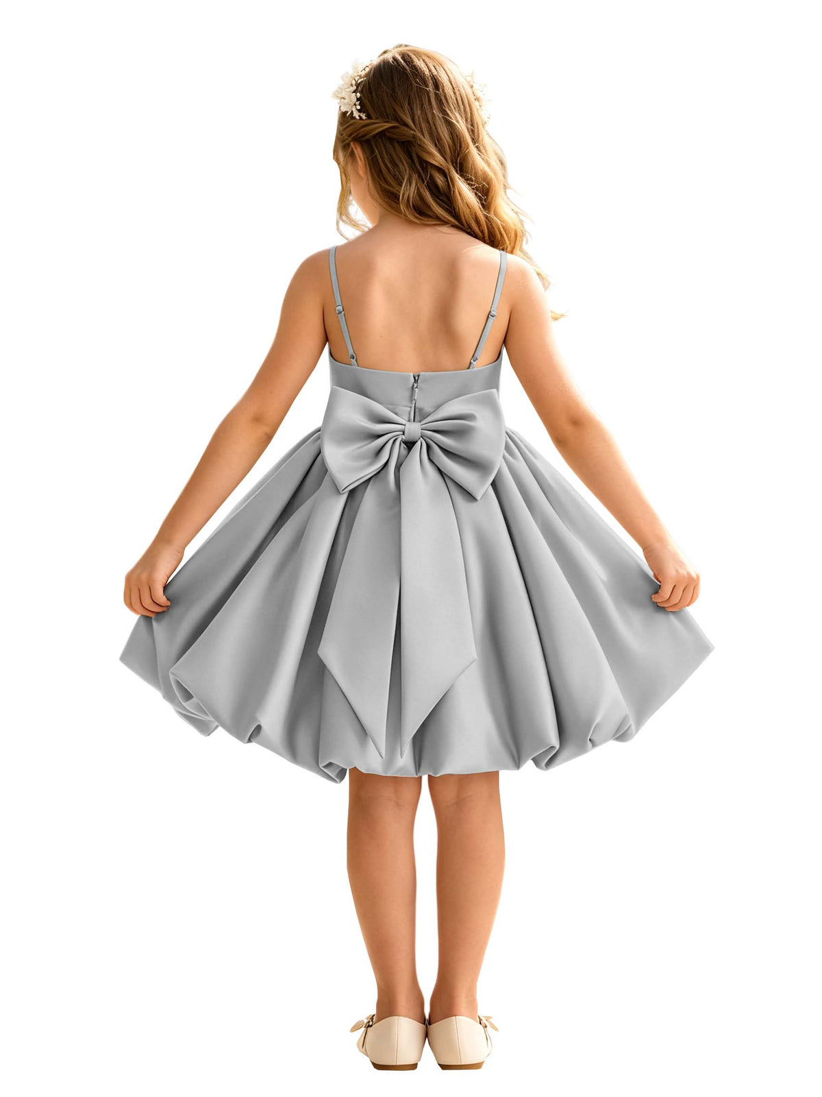 Sage Green Spaghetti Strap Flower Girl Dress, Heavy Satin Bubble Midi Skirt with Big Bow Back, Kids Formal Wedding Party Gown