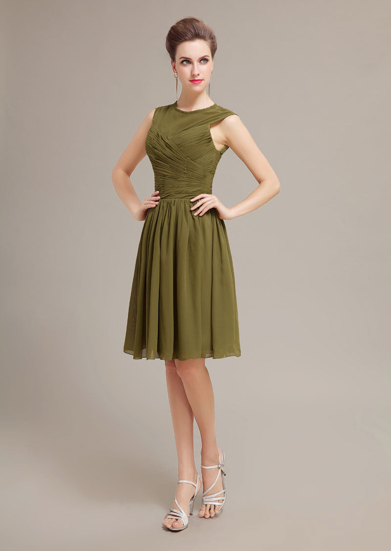 Olive Green Sleeveless A-Line Chiffon Homecoming Dresses with Pleated Bodice
