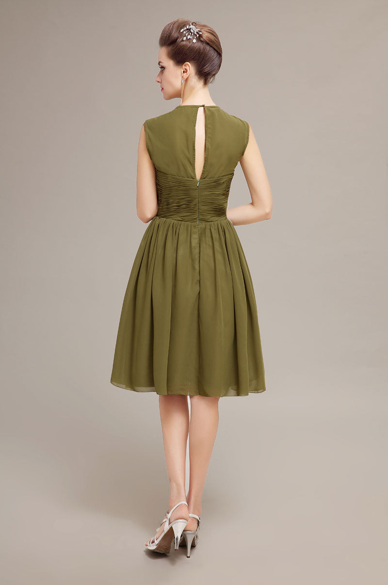 Olive Green Sleeveless A-Line Chiffon Homecoming Dresses with Pleated Bodice