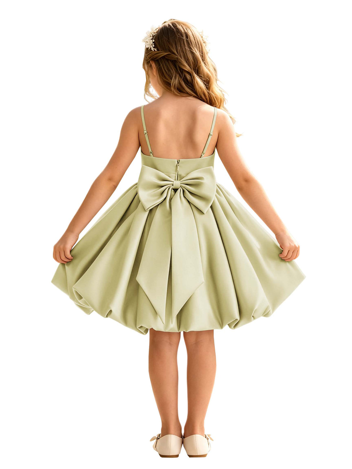 Sage Green Spaghetti Strap Flower Girl Dress, Heavy Satin Bubble Midi Skirt with Big Bow Back, Kids Formal Wedding Party Gown