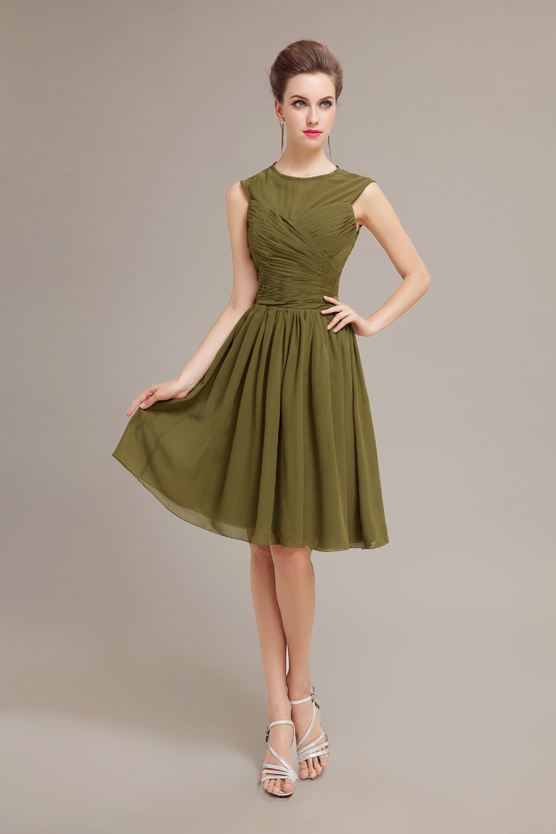 Olive Green Sleeveless A-Line Chiffon Homecoming Dresses with Pleated Bodice